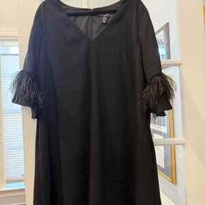 Aidan Mattox V-Neck 3/4 Sleeve Feather Trim Trapeze Dress Black Size 18